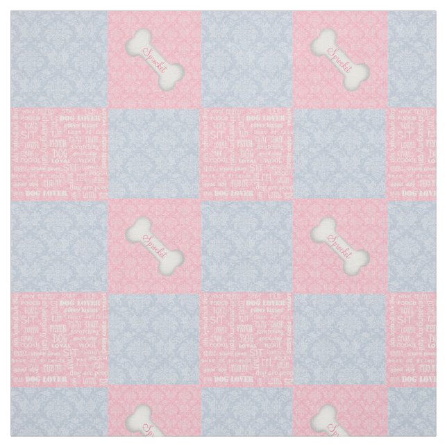 Pink and Blue Damask Patchwork with Name Fabric (Swatch)