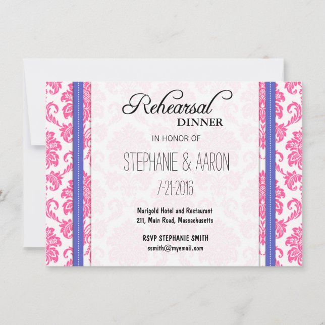 Pink and Blue Damask Rehearsal Dinner Card (Front)