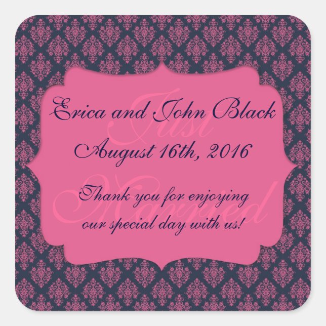 Pink and Blue Damask Wedding Favour Thank You Square Sticker (Front)