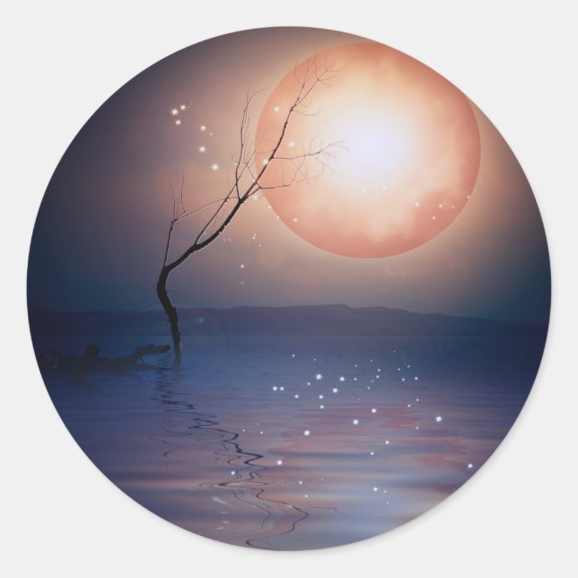 Pink and Blue Fantasy Sparkling Moon over water Classic Round Sticker (Front)