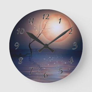 Pink and Blue Fantasy Sparkling Moon over water Round Clock