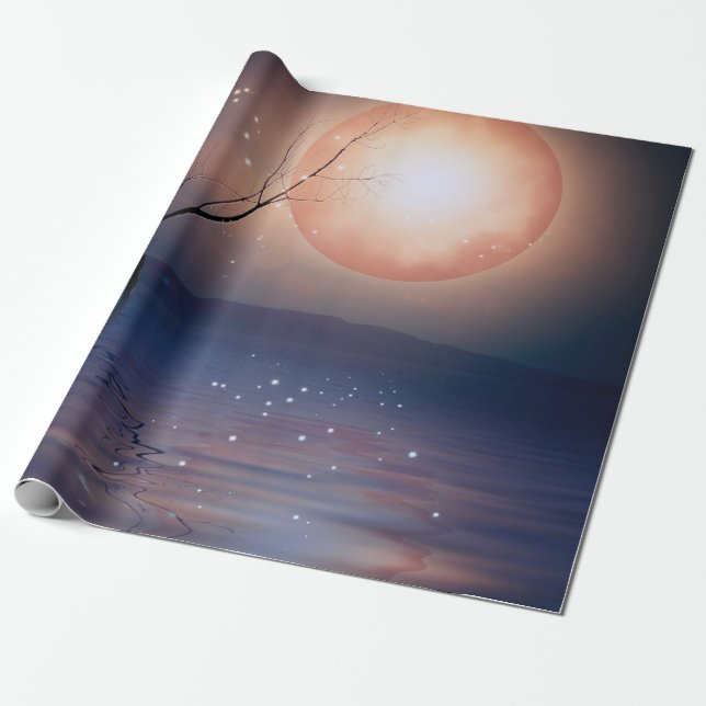 Pink and Blue Fantasy Sparkling Moon over water Wrapping Paper (Unrolled)