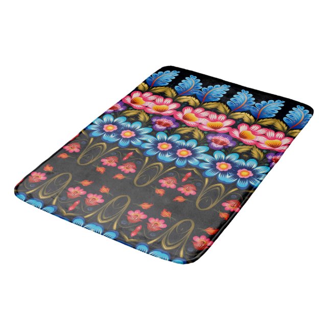 Pink and blue floral bath mat (Angled)