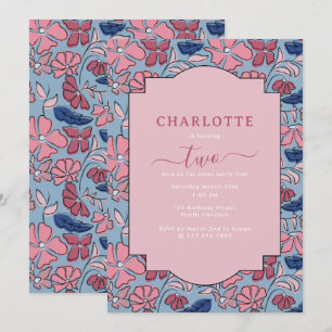 Pink and Blue Floral Block Print Girl Birthday Invitation