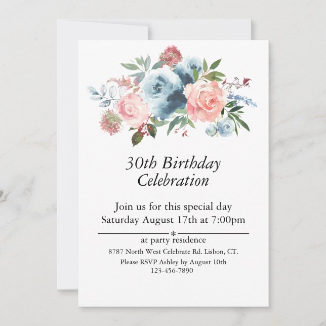 Pink and Blue Floral, Customizable 30th. Birthday Invitation (Front)