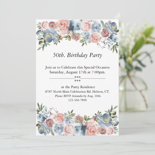 Pink and Blue Floral, Customizable,50th. Birthday Invitation (Standing Front)