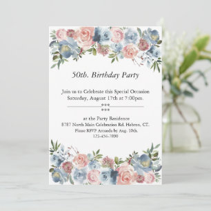 Pink and Blue Floral, Customizable,50th. Birthday Invitation