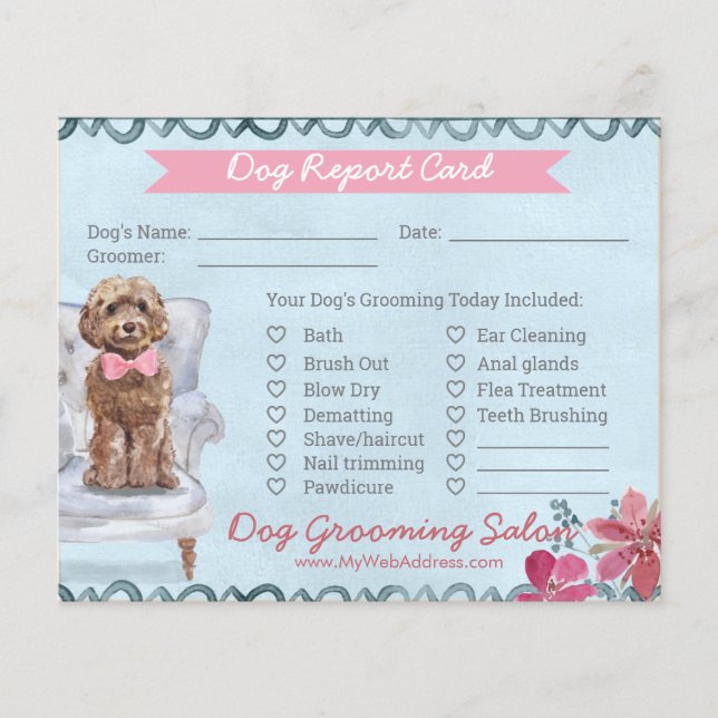 Pink and Blue Floral Dog Grooming Report Card  Fly (Front)