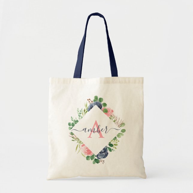 Pink and blue floral frame personalized tote bag (Front)