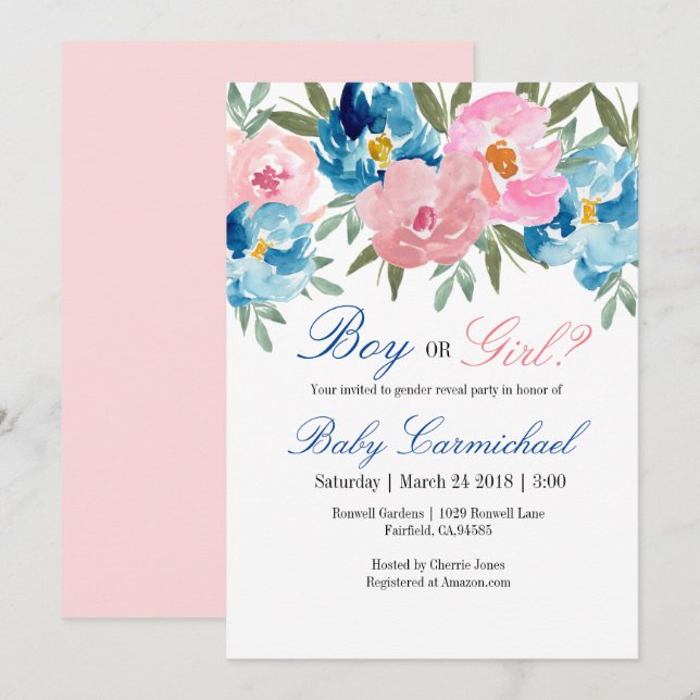 Pink and blue floral gender reveal party invite (Front/Back)