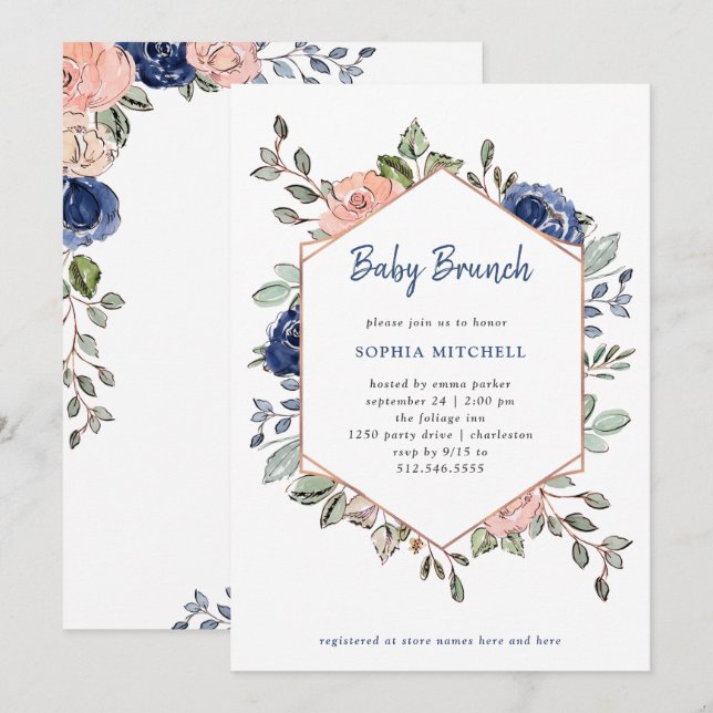 Pink and Blue Floral Geometric | Baby Brunch Invitation (Front/Back)