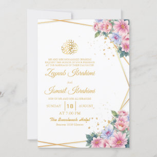 Pink and Blue Floral Gold Islamic Muslim Wedding Invitation