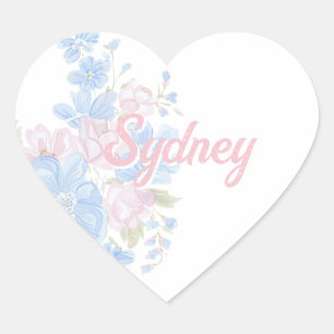 Pink and Blue Floral Grandmillennial   Name Heart Sticker