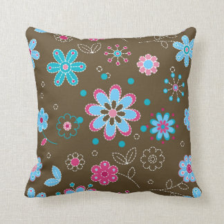 Pink and Blue Floral Pattern Brown Throw Pillow