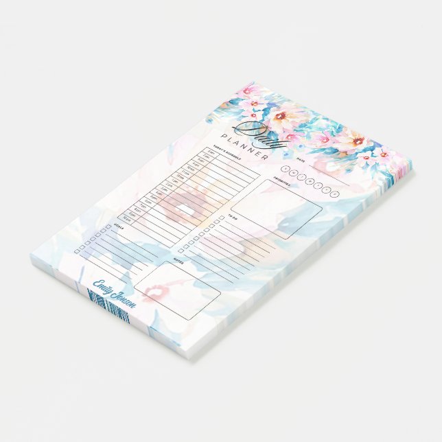 Pink and blue  floral personalized planner post-it notes (Angled)