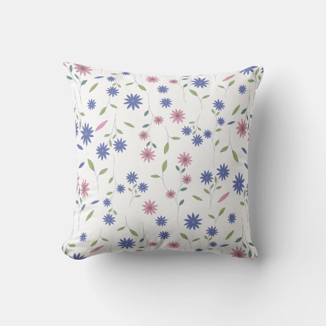 Pink and Blue Floral Seamless Pattern Throw Pillow (Front)