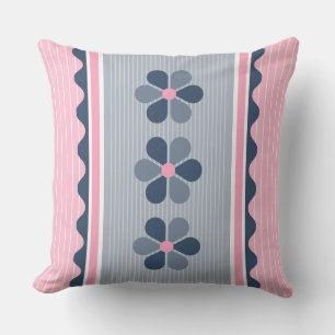 Pink and Blue Floral Stripe Throw Pillow