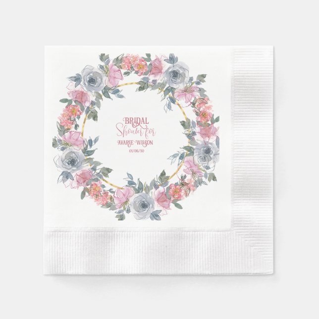 Pink and Blue Floral Watercolor Wreath Shower  Napkin (Front)