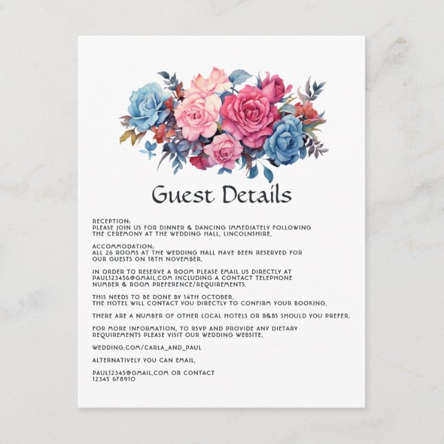 Pink and Blue Floral Wedding Guest Details Enclosure Card (Front)