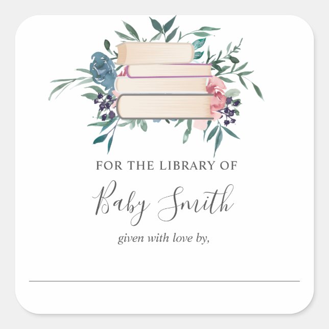 Pink and Blue Flower Baby Shower Bookplate Sticker (Front)
