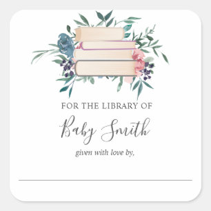 Pink and Blue Flower Baby Shower Bookplate Sticker