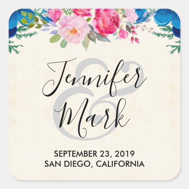 Pink and Blue Flower Border Wedding Square Sticker (Front)