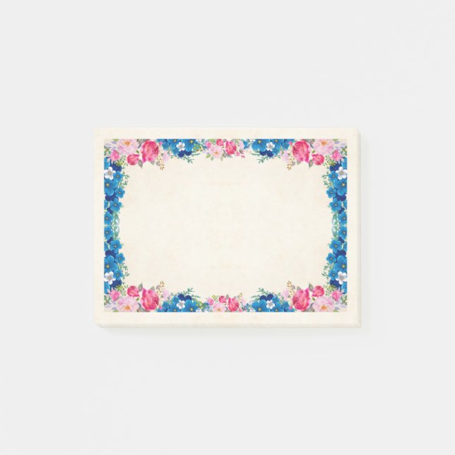Pink and Blue Flower Frame Fancy Post-it Notes (Front)