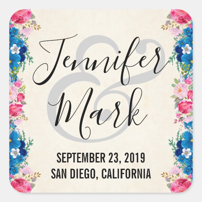 Pink and Blue Flower Frame Fancy Wedding Square Sticker (Front)