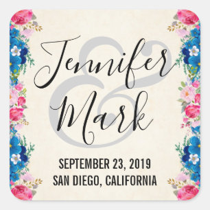 Pink and Blue Flower Frame Fancy Wedding Square Sticker