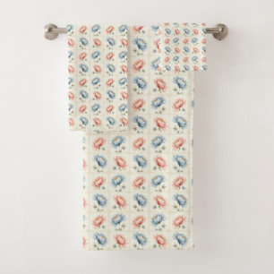 Pink and Blue Flower Squares Bath Towel Set