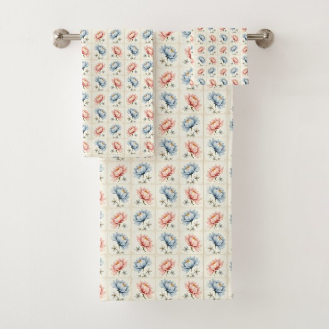 Pink and Blue Flower Squares Bath Towel Set (Insitu)