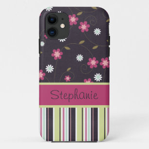 Pink and Blue Flowers and Stripes Personalized iPhone 11 Case