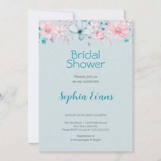 Pink and Blue Flowers Blue Bridal Shower Invitation (Front)