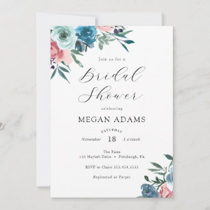 Pink and Blue Flowers Bridal Shower Invitation