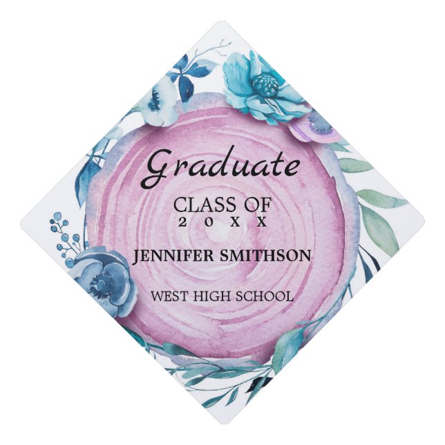 Pink And Blue Flowers  Graduation Cap Topper (Front)