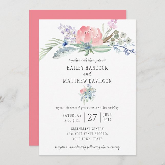 Pink and Blue Flowers Greenery Wedding Invitation (Front/Back)