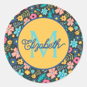 Pink and Blue Flowers on Black Monogram Classic Round Sticker