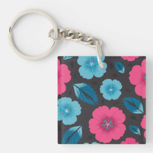 Pink and Blue Flowers on Dark Background Keychain