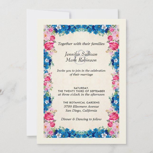 Pink and Blue Flowers on Faux Parchment Wedding Invitation (Front)