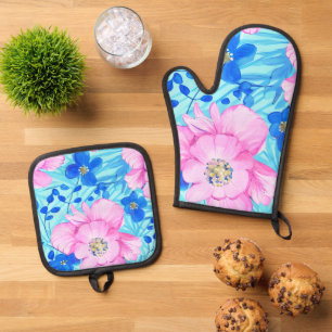 Pink and Blue Flowers Oven Mitt & Pot Holder Set