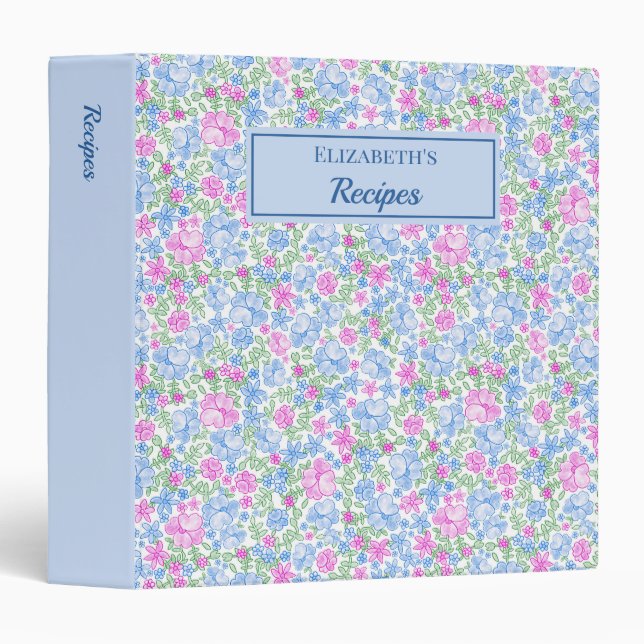 Pink and Blue Flowers Pretty Floral Pattern Recipe Binder (Front/Spine)