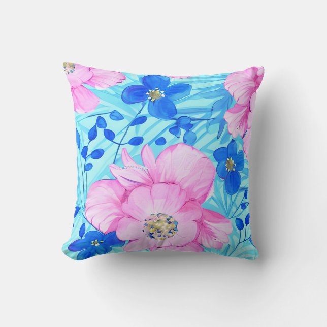 Pink and Blue Flowers Throw Pillow (Front)