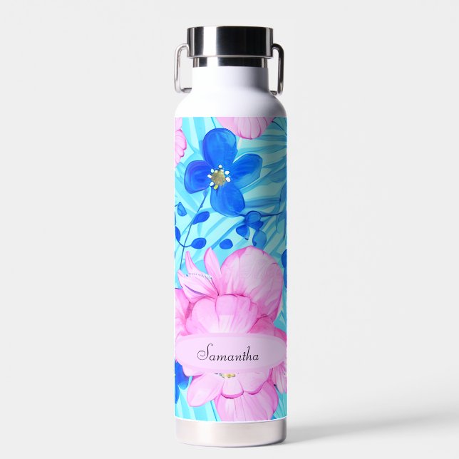 Pink and Blue Flowers Water Bottle (Front)