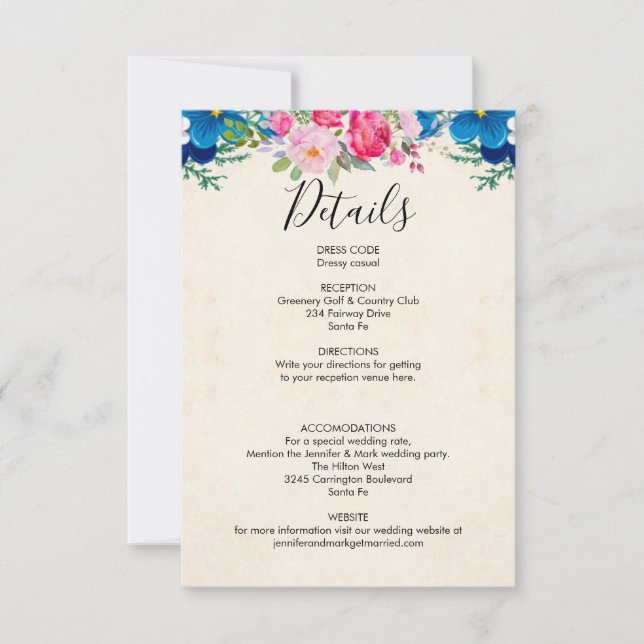 Pink and Blue Flowers Wedding Details Enclosure (Front)