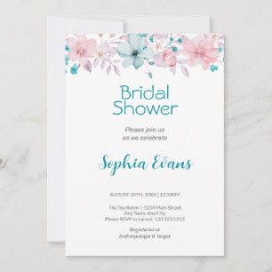 Pink and Blue Flowers White Bridal Shower Invitation