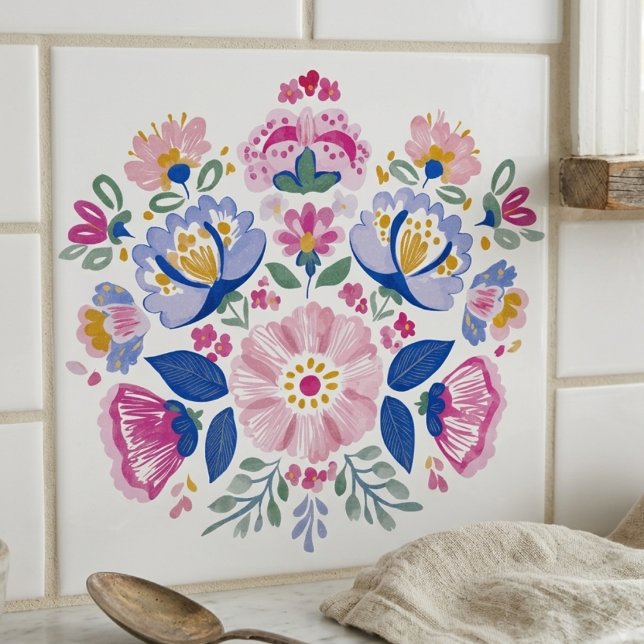 Pink and Blue Folk Art Floral Decorative Ceramic Tile (Pink and Blue Folk Art Floral Decorative Ceramic Tile)