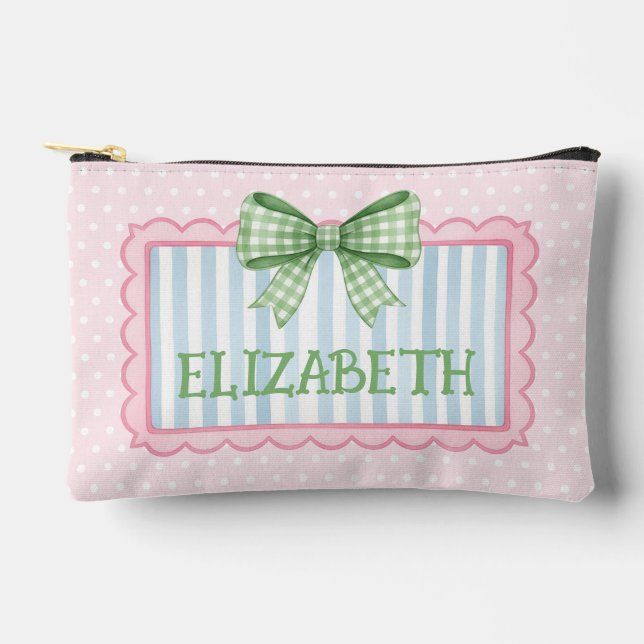 Pink and Blue Frame Green Gingham Bow Accessory Pouch (Front)