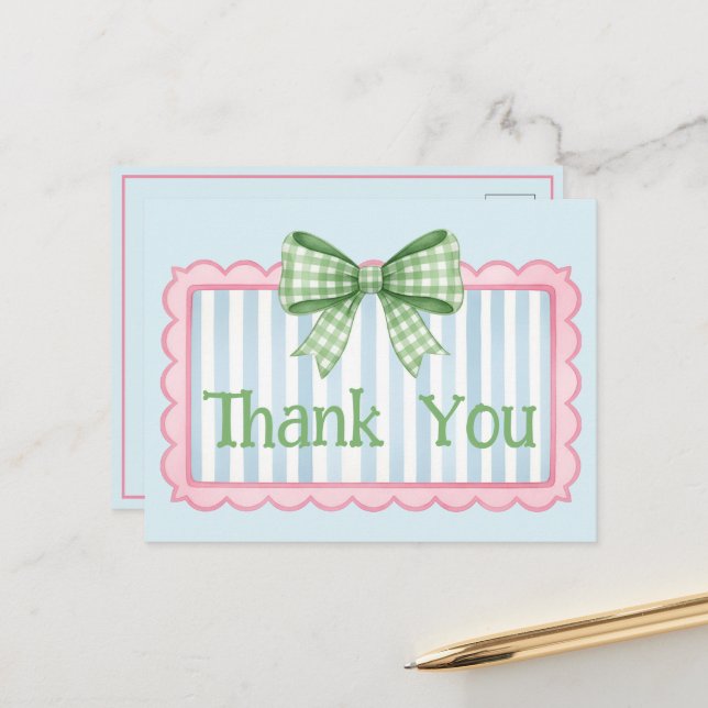 Pink and Blue Frame Green Gingham Bow Thank You Postcard (Front/Back In Situ)