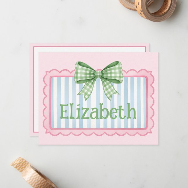 Pink and Blue Frame With Green Gingham Bow Card (Front/Back In Situ)