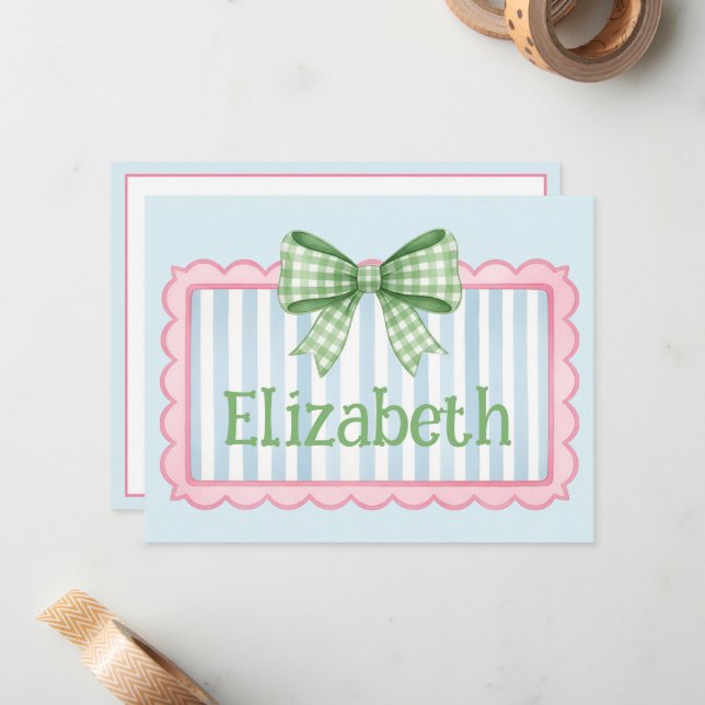 Pink and Blue Frame With Green Gingham Bow Card (Front/Back In Situ)